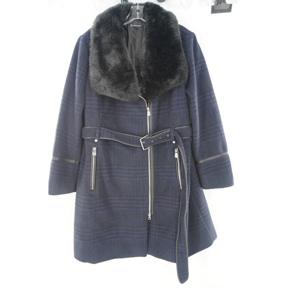 INC International Concepts Plaid With Faux Fur Collar Belted Trench Coat Sz XXL